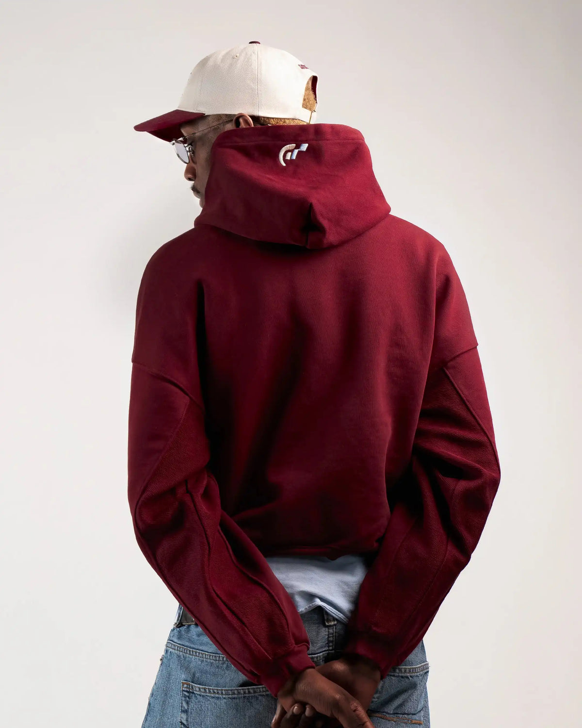 Hoodie Flower GTR Heavy Red Bordeaux worn, back, small logo on the hood